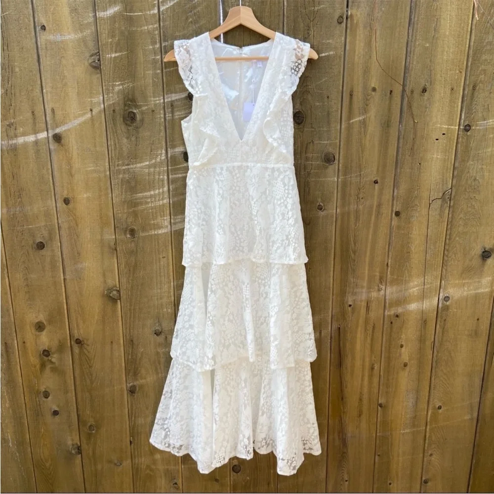 White Lace Ruffled Tiered Molinetto Maxi Dress 🌿 - Picture 8 of 12